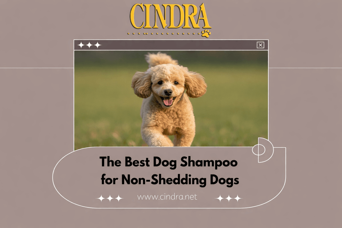 Blog header image titled “The Best Dog Shampoo for Non-Shedding Dogs,” featuring a curly-coated dog running on grass with Cindra Grooming Products branding.
