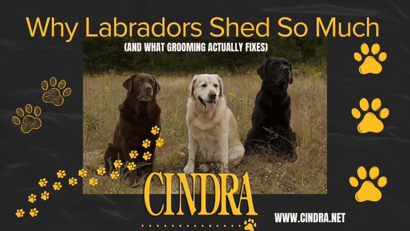 Three Labrador Retrievers sitting outdoors with the title ‘Why Labradors Shed So Much (And What Grooming Actually Fixes)’ and Cindra Grooming Products branding