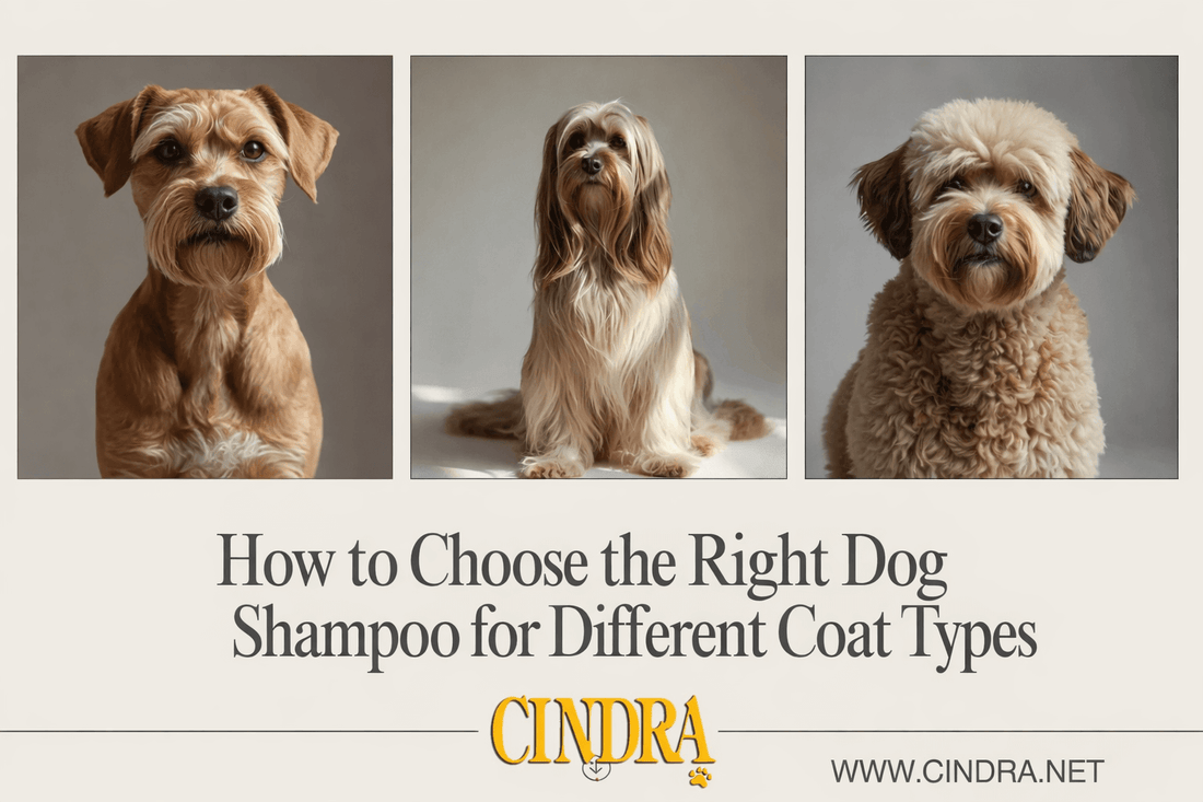 Landscape graphic with three dog portraits representing different coat types above the title ‘How to Choose the Right Dog Shampoo for Different Coat Types,’ with the Cindra logo