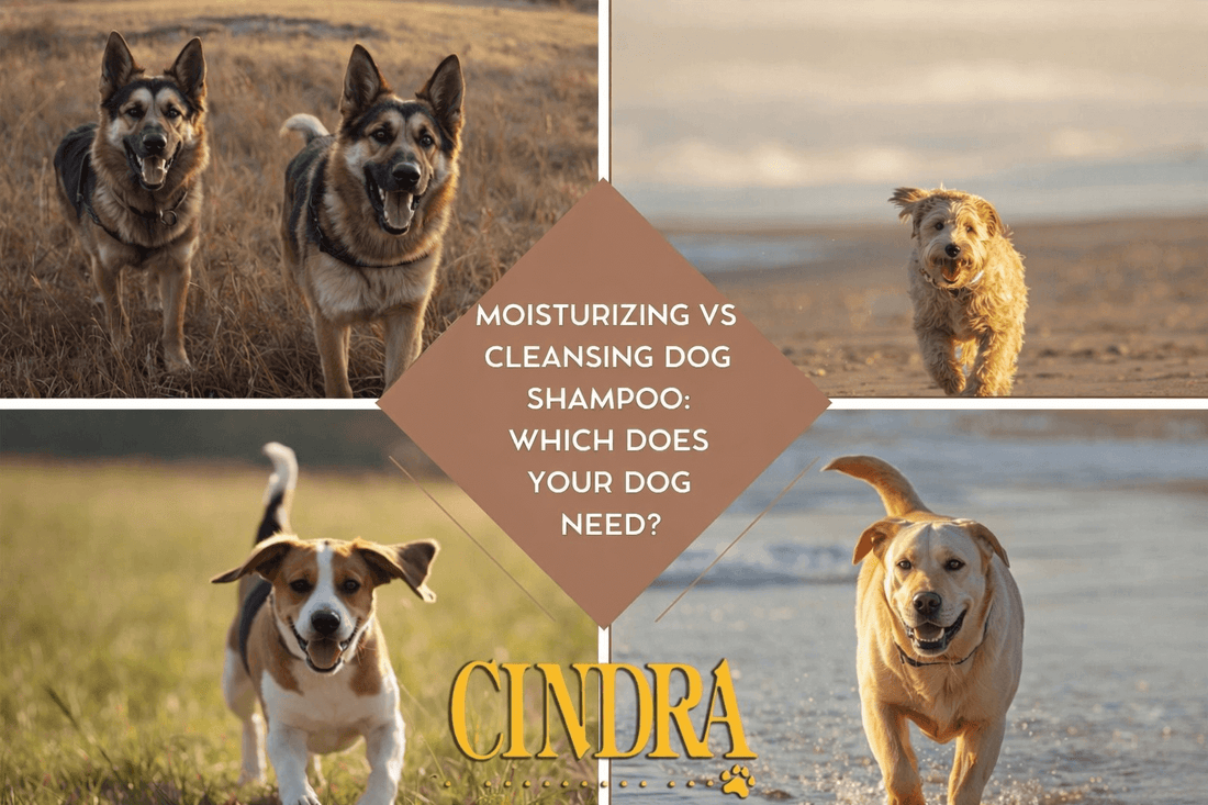 Blog header image comparing moisturizing vs cleansing dog shampoo, featuring multiple dogs outdoors with text asking which shampoo your dog needs and Cindra branding.