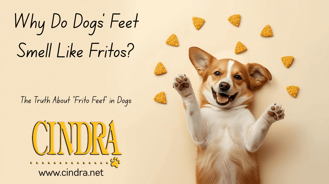 Dog paws with corn chip smell illustration explaining why dogs' feet smell like Fritos.