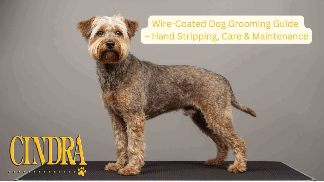 Wire-coated dog standing on a grooming table, shown for a hand-stripping care and maintenance guide.