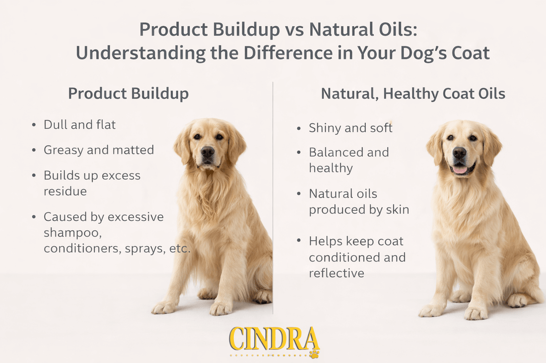 Educational infographic comparing product buildup vs natural oils in a dog’s coat, showing dull flat coat on the left and healthy shiny coat on the right, with Cindra Grooming Products logo.
