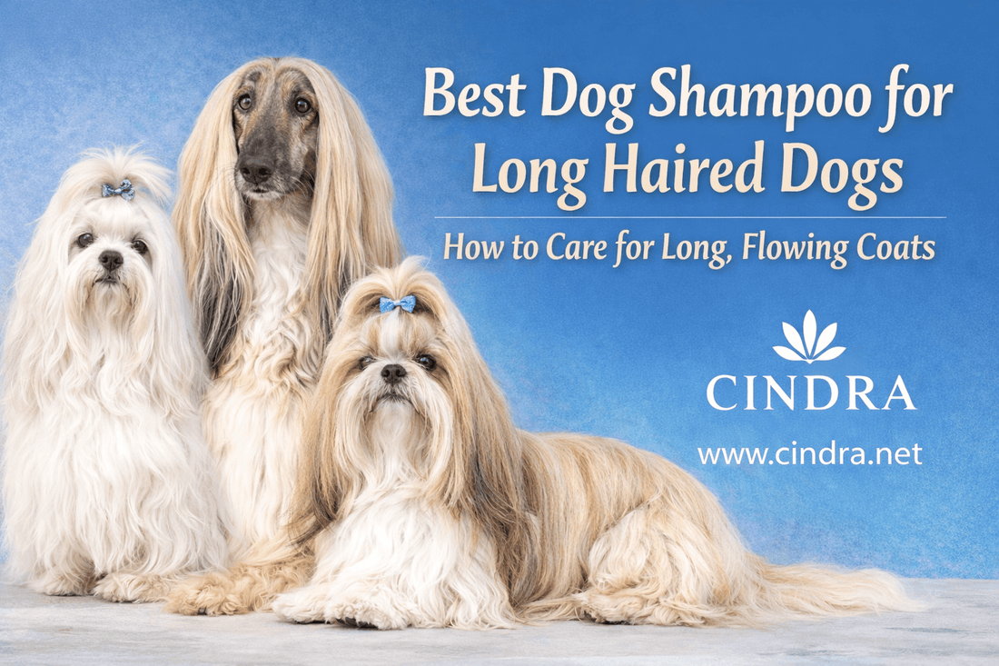 Best dog shampoo for long haired dogs grooming guide with Afghan Hound, Shih Tzu, Maltese and Cindra logo