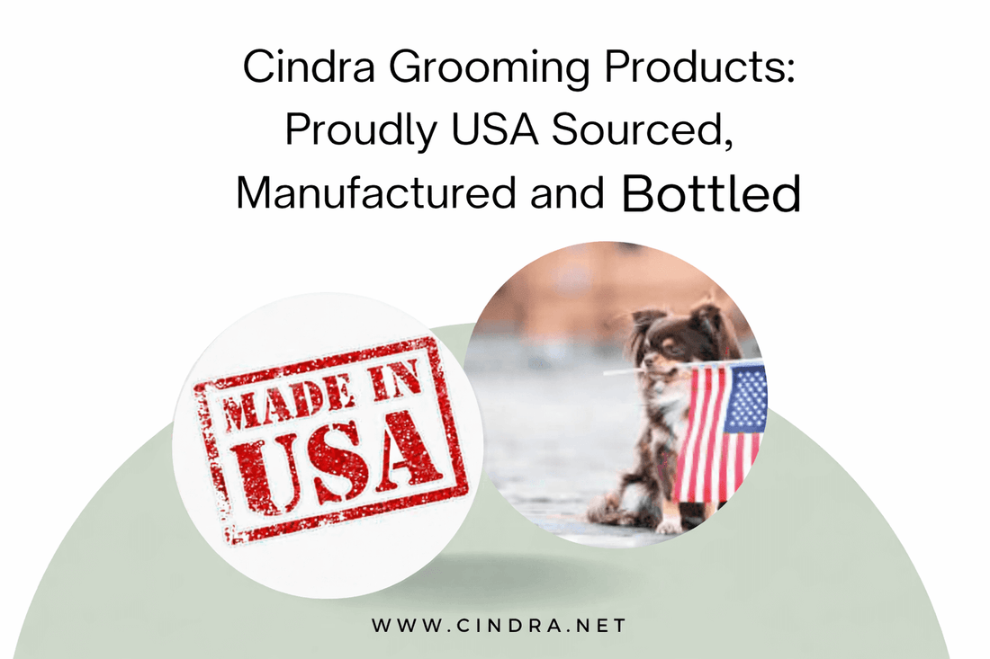 Cindra Grooming Products proudly USA sourced manufactured and bottled graphic with made in USA stamp and dog holding American flag