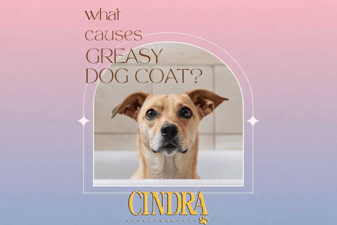 Educational graphic asking what causes greasy dog coats, featuring a dog sitting in a bathtub.