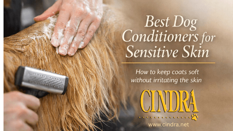 dog groomer applying conditioner to a dog coat for sensitive skin grooming guide