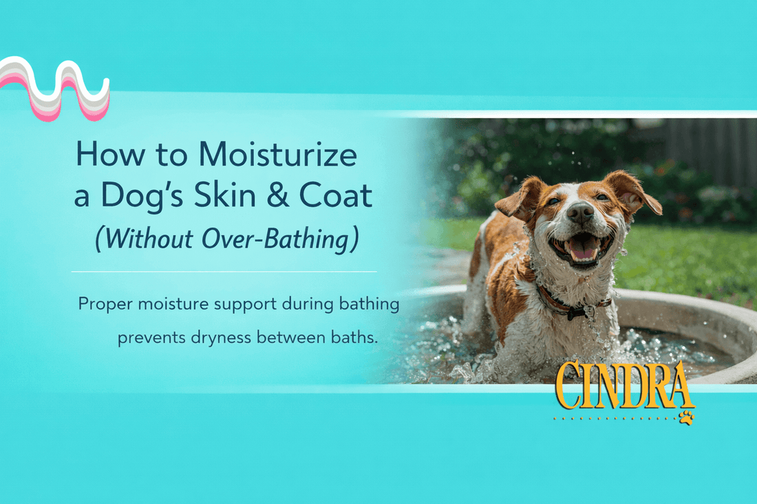 Cindra blog header showing a happy dog standing in water with the headline “How to Moisturize a Dog’s Skin and Coat Without Over-Bathing,” designed for an educational dog grooming article.