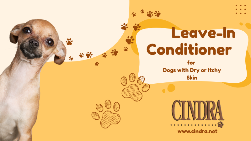Promotional graphic for Cindra leave-in conditioner for dogs with dry or itchy skin, featuring a small tan dog, paw print illustrations, warm yellow and cream background, and the Cindra Grooming Products logo.