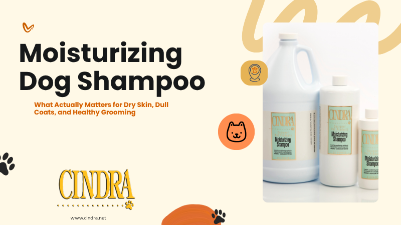 Cindra Moisturizing Dog Shampoo for dry skin and dull dog coats.