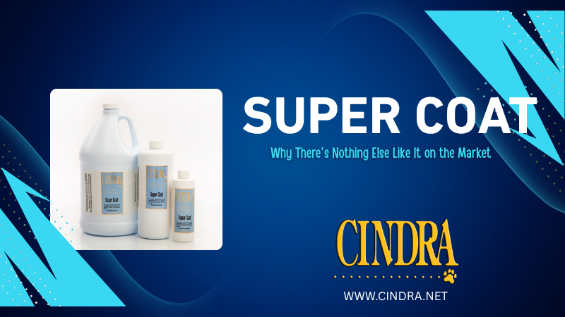 Super Coat volumizing dog coat spray by Cindra — three sizes including gallon, quart, and small bottle, the flagship professional coat spray for show dogs