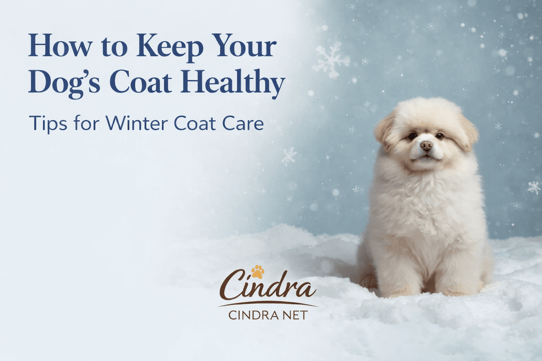 Fluffy dog sitting in snow with text how to keep your dog's coat healthy winter coat care by Cindra