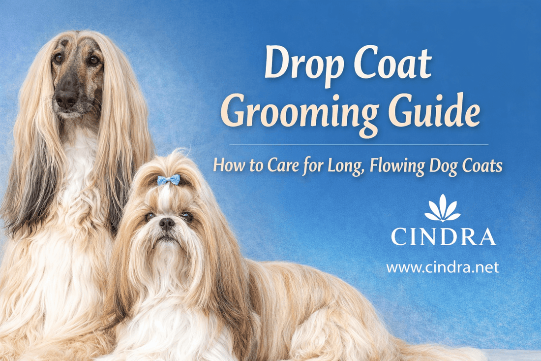 Drop coat grooming guide header with Afghan Hound and Shih Tzu and Cindra logo