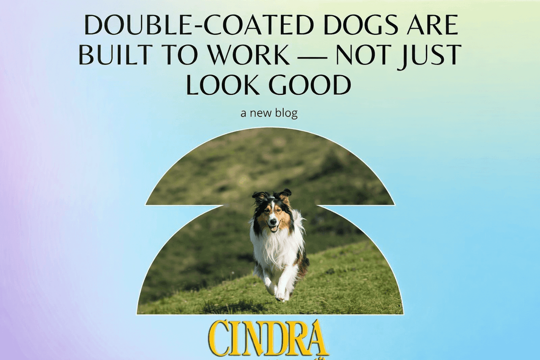 Educational graphic stating that double-coated dogs are built to work, featuring a Border Collie running on grass.
