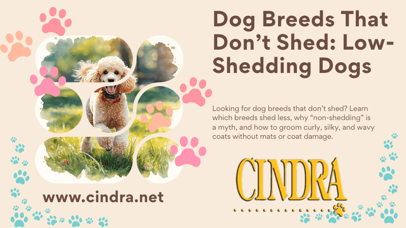 Graphic promoting a blog titled “Dog Breeds That Don’t Shed: Low-Shedding Dogs,” featuring a curly-coated dog illustration, paw print accents, and the Cindra Grooming Products logo.