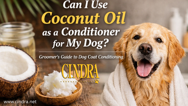 Golden Retriever wrapped in a towel beside coconut oil and coconut halves illustrating the question “Can I use coconut oil as a dog conditioner” in a dog grooming guide.