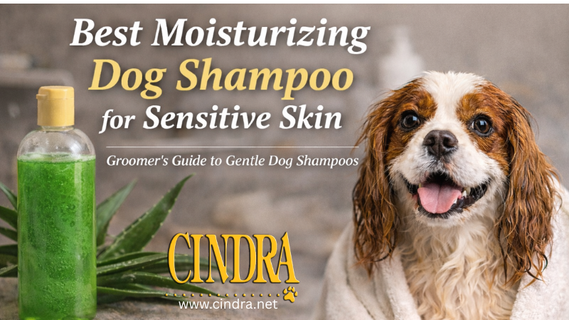 Cavalier King Charles Spaniel wrapped in a towel next to a bottle of green dog shampoo and aloe plant illustrating moisturizing dog shampoo for sensitive skin.