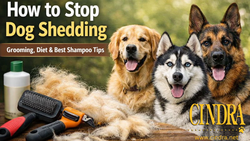 Golden Retriever, Siberian Husky, and German Shepherd with grooming tools and loose fur illustrating how to stop dog shedding in double-coated breeds.