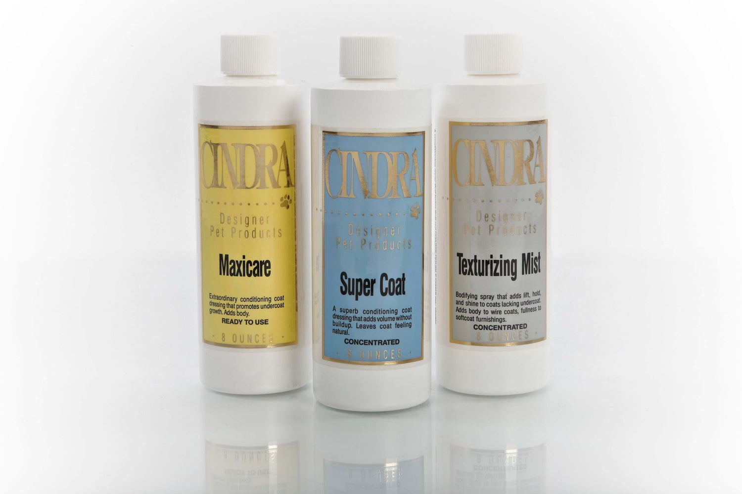 Cindra's dog coat dressing collection featuring Maxicare, Super Coat, and Texturizing Mist for dog coat dressing.