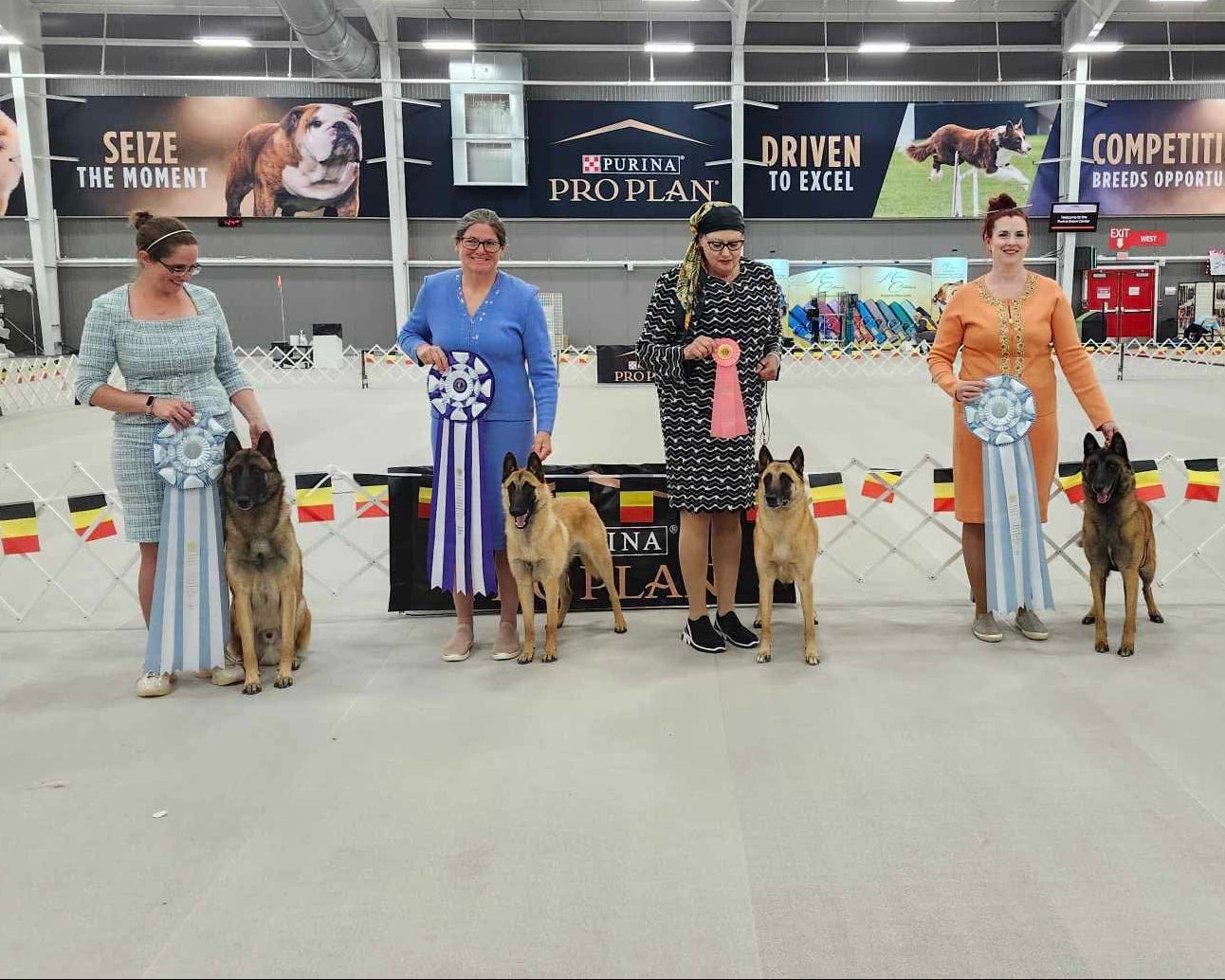 Group of people with dogs in a dog show arena, holding ribbons.