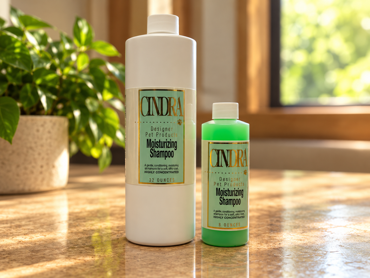 Two bottles of Cindra Detiger Pet Product Moisturizing Shampoo, one large white bottle and one smaller green bottle, standing on a reflective stone countertop with a potted plant and window in the background.
