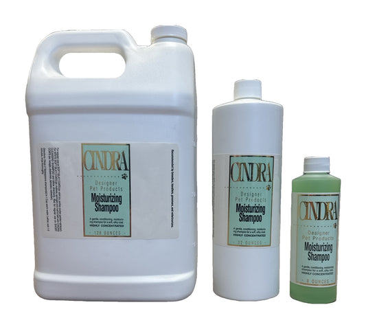 Cindra Moisturizing Dog Shampoo in gallon, 32 oz and 8 oz bottles, made in the USA