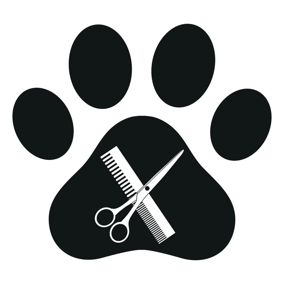 Black paw print with scissors and comb inside on a white background