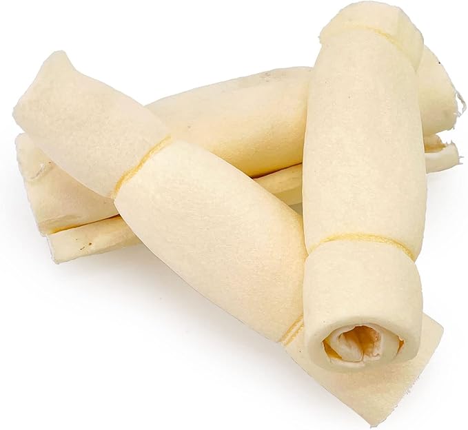 Natural 5 to 6 inch beef cheek rolls for dogs on white background, long-lasting rawhide alternative chew by Cindra Pet Products