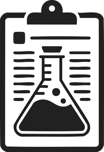 Black silhouette of a beaker on a clipboard with text