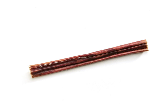 Single 6-inch esophagus stick gullet chew for dogs on white background, natural beef dog treat by Cindra Pet Products