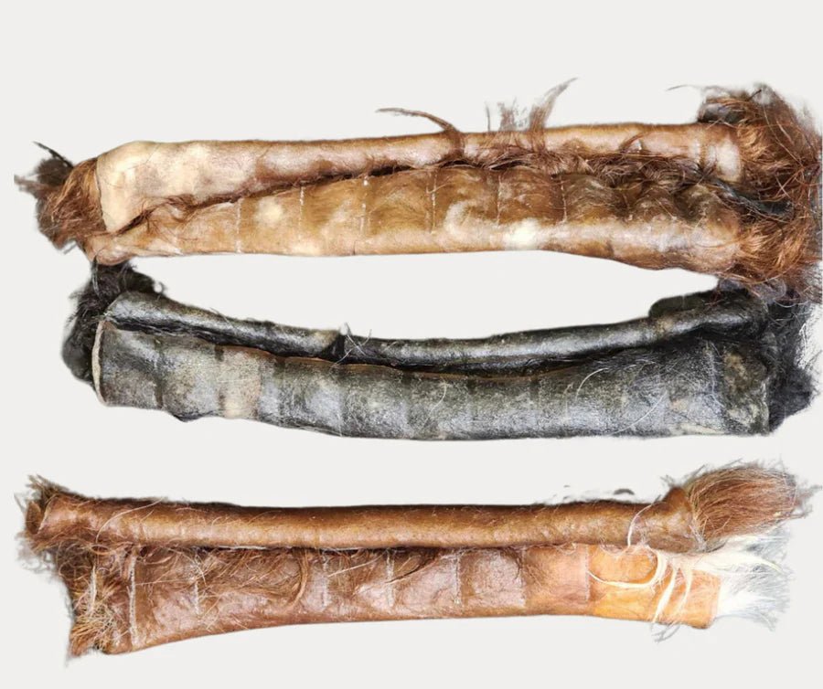 Three natural hair-on hide dog chew rolls in assorted colors on white background, long-lasting Ugly Chews by Cindra Pet Products