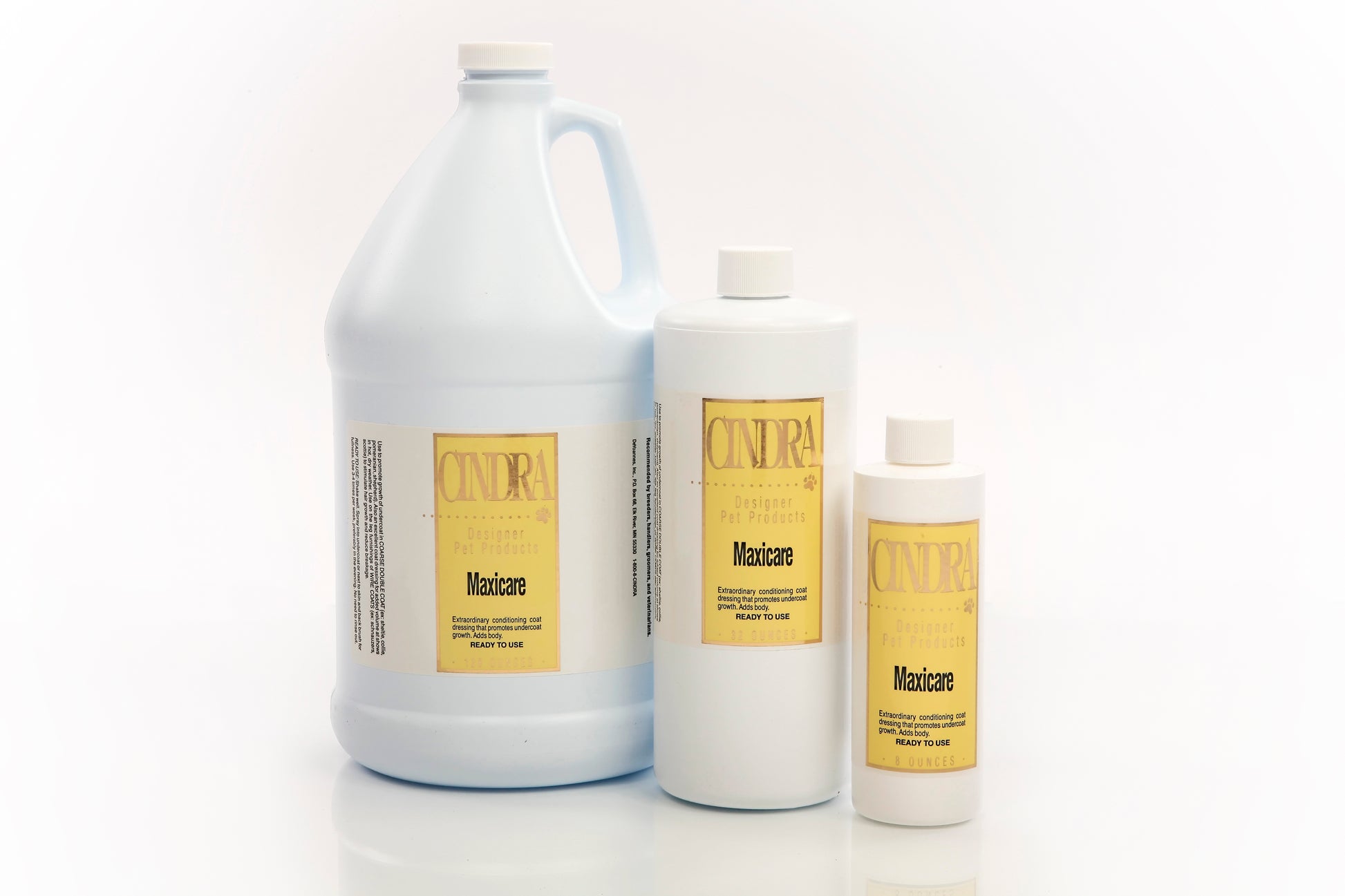 Cindra's Maxi Care- leave in conditioner for hydration and restoration, available in gallon, 32 oz, and 8 oz sizes.