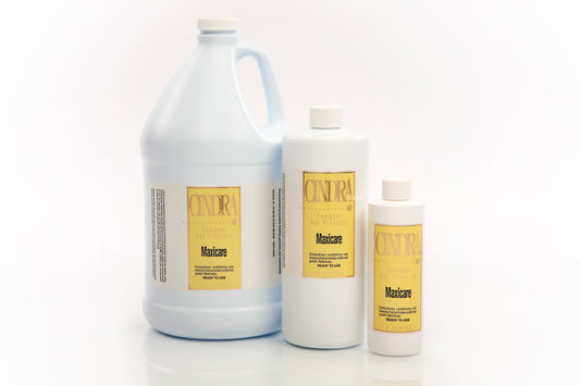 Cindra's Maxi Care- leave in conditioner for hydration and restoration, available in gallon, 32 oz, and 8 oz sizes.