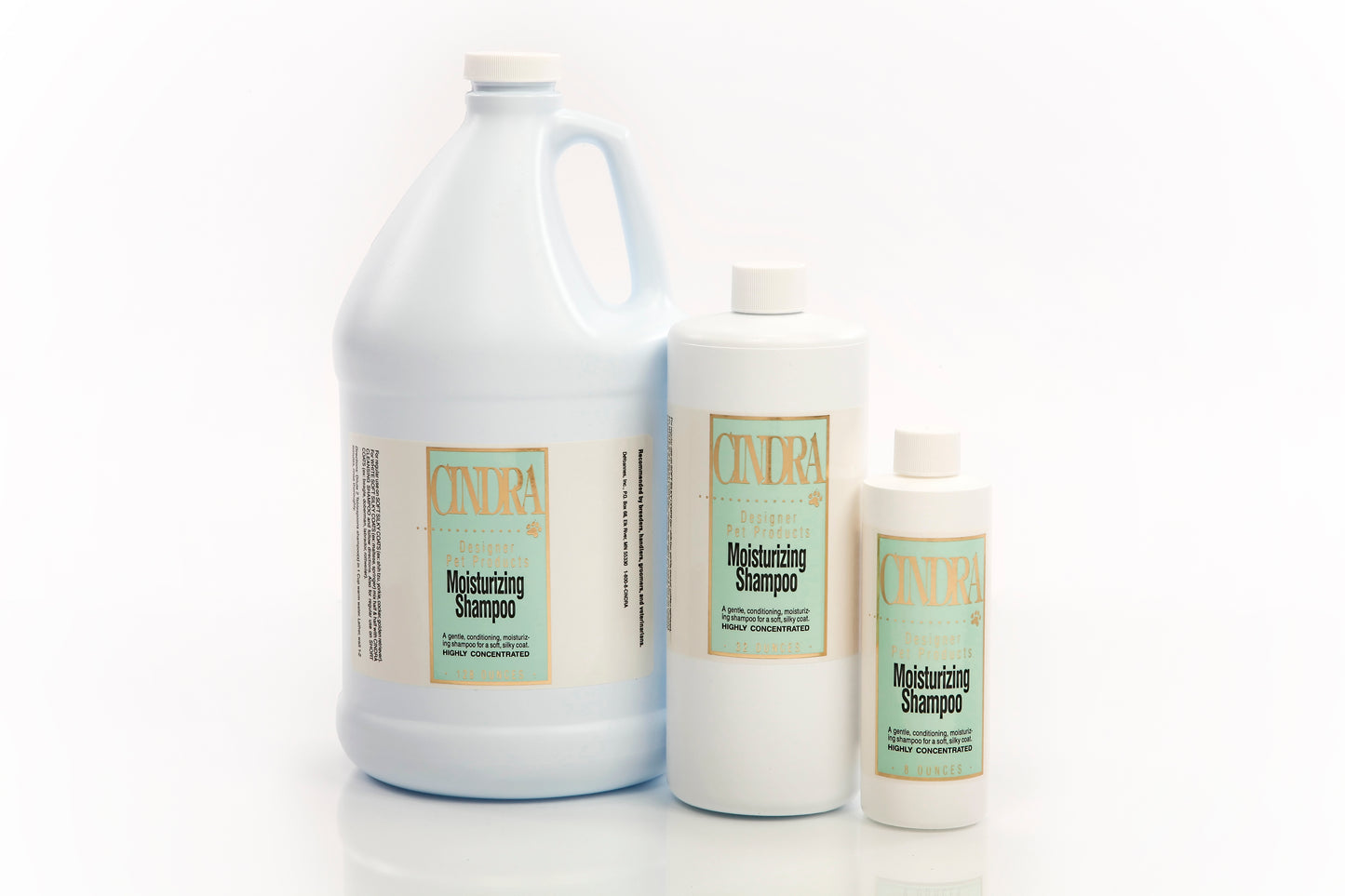 Cindra Moisturizing Dog Shampoo bottles for deep hydration in dry coats.