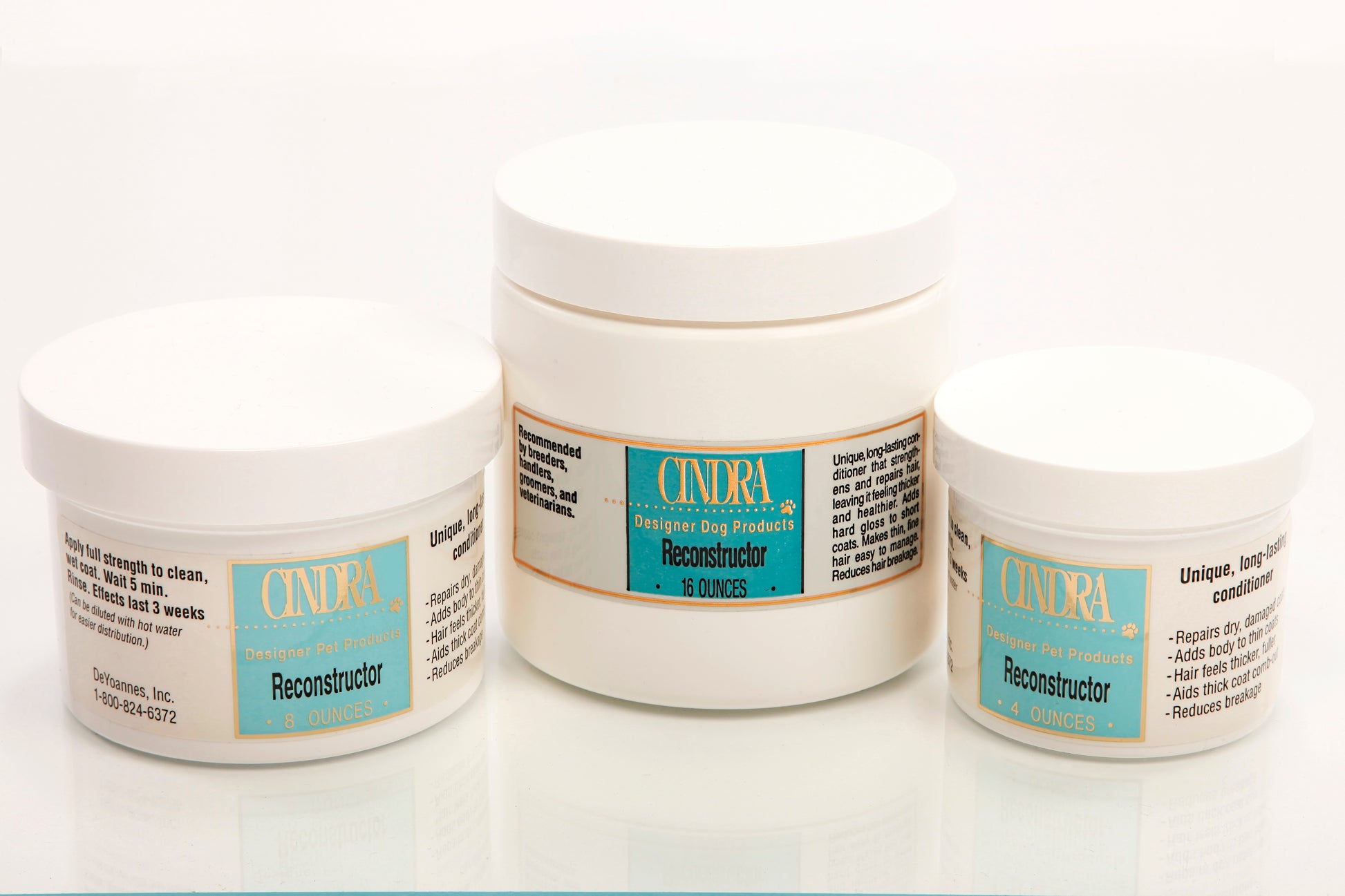 Dog Coat Repair Treatment | Cindra Reconstructor jars for coat restoration, hydration, and shine.