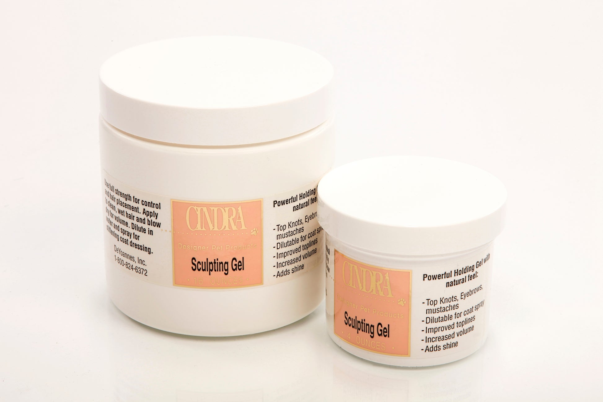 Cindra's Sculpting Gel for long-lasting hold with a natural feel, displayed in 16 oz and 4 oz bottles.