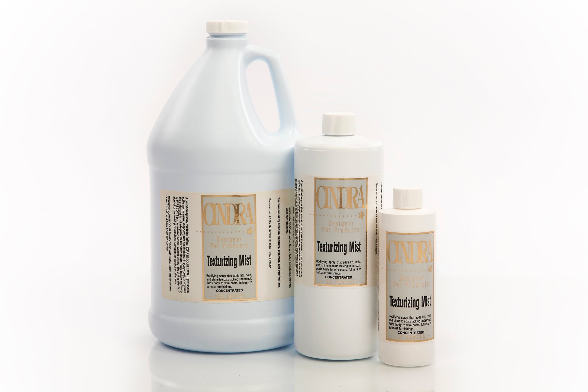 Cindra's Texturizing Mist for adding body and texture to your dog's coat, available in gallon, 32 oz, and 8 oz bottles